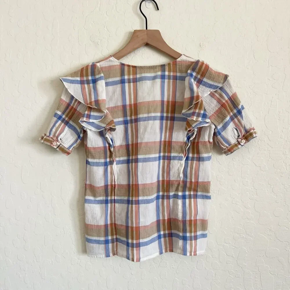 Madewell 100% Cotton V-Neck Shoulder-Ruffle Blouse Top XS White Tan Blue Plaid